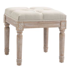 Vintage Ottoman 15.75" Tufted Foot Stool Upholstered Seat Rustic Wood Legs Beige Bedroom Living Room
