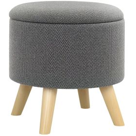 Round Linen Fabric Storage Stool, Wood Base, Padded Top, Hidden Compartment, Ottoman
