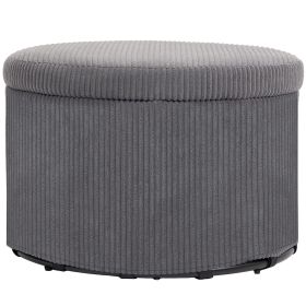 24 Inches Round Storage Ottoman Stool with Lid, Upholstered Corduroy Foot Rest for Living Room, Bedroom, Gray