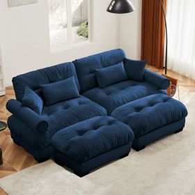 Over Size Modern Two-seater Sofa with Ottoman, Velvet 2-Seater with Round Bolster Armrests,With Waist Pillow and Throw Pillows, Reading Room Blue