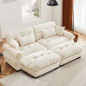 Over Size Modern Two-seater Sofa with Ottoman, Velvet 2-Seater with Round Bolster Armrests,With Waist Pillow and Throw Pillows,Reading Room