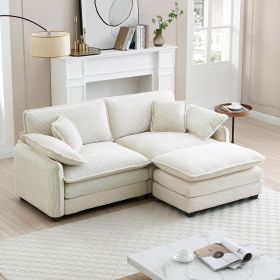 Two-Seater Sofa with One Footrest, L-Shaped 2-Seater Sofa with Ottoman for Small Living Spaces, Beige Corduroy