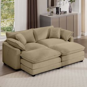 Corduroy Two-Seater Sofa with 2 Footrest, 2-Seater Sofa with Ottoman for Small Living Spaces, Tan Corduroy Sofa