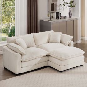 Corduroy Two-Seater Sofa with 1 Footrest, L-Shaped 2-Seater Sofa with Ottoman for Small Living Spaces, Light Beige Corduroy Sofa