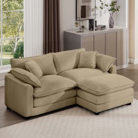 Corduroy Two-Seater Sofa with 1 Footrest, L-Shaped 2-Seater Sofa with Ottoman for Small Living Spaces, Tan Corduroy Sofa