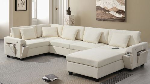 [New+Video]128*67" U Shaped Sectional Sofa,6 Seat Chenille Couch Set with Oversized Ottoman,Hidden Armrest Storage and Cup Holders,USB Charging P