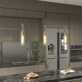 Gold Pendant Light Fixtures, 3 Pack Modern Pendant Lighting With Clear Striped Glass Shade, Hanging Pendant Lights Kitchen Island, Farmhouse Pend (Option: Gold)