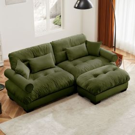 Over Size Modern Two-seater Sofa with Ottoman, Velvet 2-Seater with Round Bolster Armrests,With Waist Pillow and Throw Pillows (Color: as Pic)