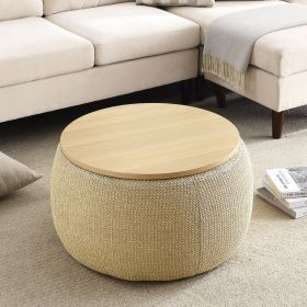 Round Storage Ottoman, 2 in 1 Function, Work as End table and Ottoman, Natural (25.5"x25.5"x14.5") (Color: as Pic)