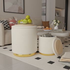 Set of 2 Modern Velvet Fabric Storage Ottomans - Round Design with Ample Storage Space for Bedroom Organization - Durable, Sturdy, and No Assembl (Color: Off-white)